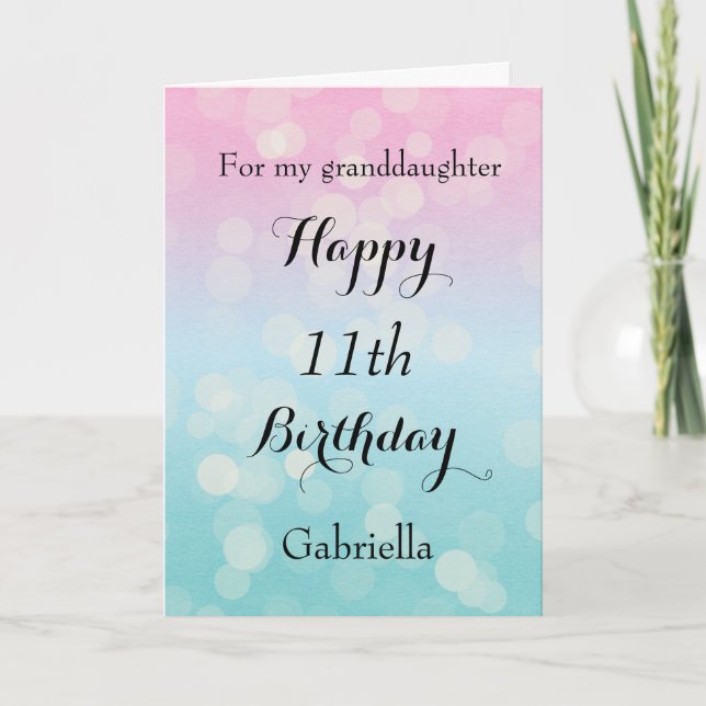 Carte Bokeh rose et bleu 11e anniversaire Grandgirl (Devant)