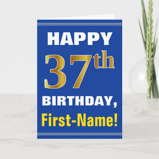 Carte Bold, Blue, Faux Gold 37th Birthday w/ Name Card (Devant)