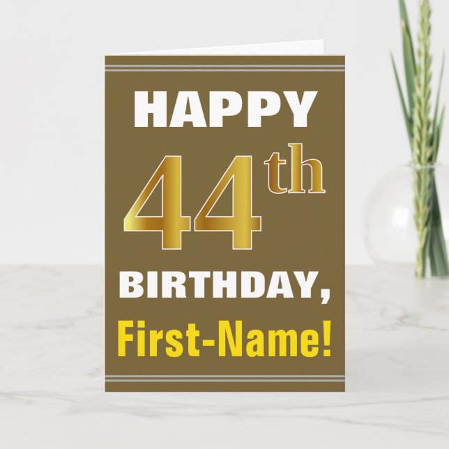 Carte Bold, Brown, Faux Gold 44th Birthday w/ Name Card (Devant)