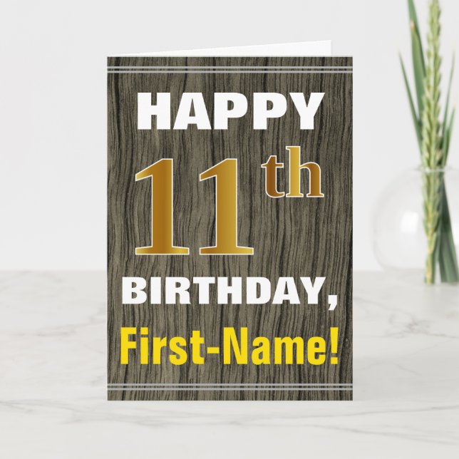 Carte Bold, Faux Wood, Faux Gold 11e anniversaire + Nom (Devant)