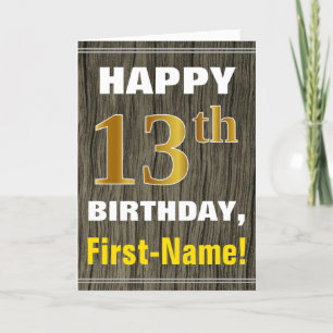 Carte Bold, Faux Wood, Faux Gold 13e anniversaire + Nom