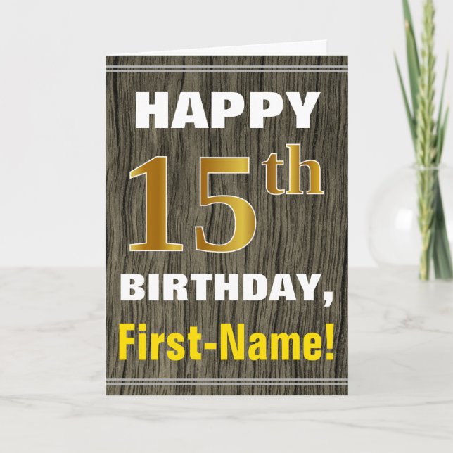 Carte Bold, Faux Wood, Faux Gold 15e anniversaire + Nom (Devant)