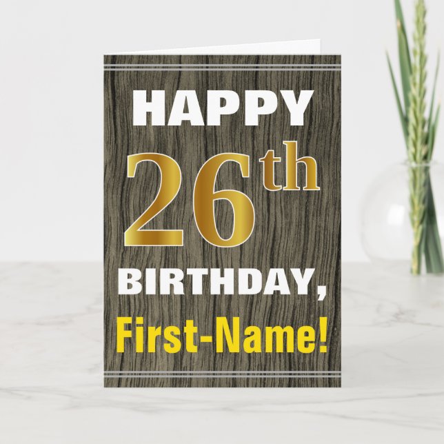 Carte Bold, Faux Wood, Faux Gold 26e anniversaire + Nom (Devant)
