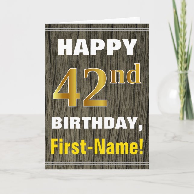 Carte Bold, Faux Wood, Faux Gold 42e anniversaire + Nom (Devant)