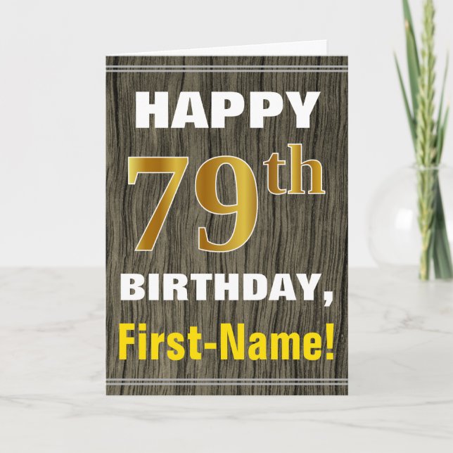 Carte Bold, Faux Wood, Faux Gold 79e Anniversaire + Nom (Devant)