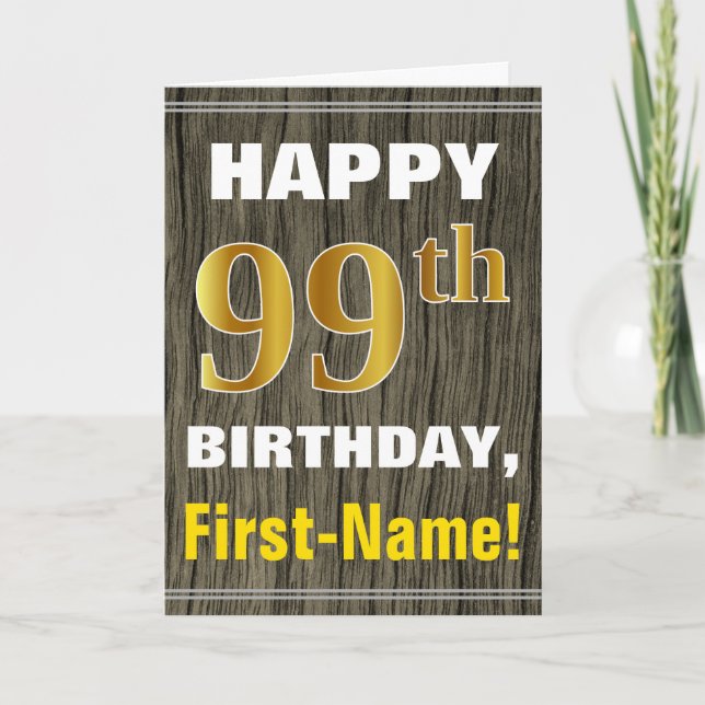 Carte Bold, Faux Wood, Faux Gold 99e anniversaire + Nom (Devant)