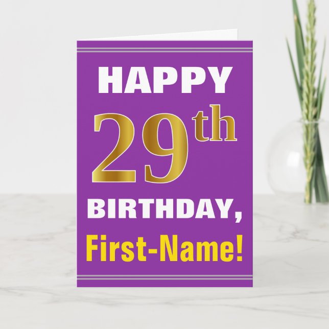 Carte Bold, Purple, Faux Gold 29th Birthday w/ Name Card (Devant)