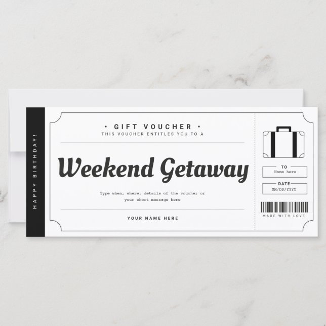 Carte Bon de voyage cadeau pour un week-end surprise (Devant)