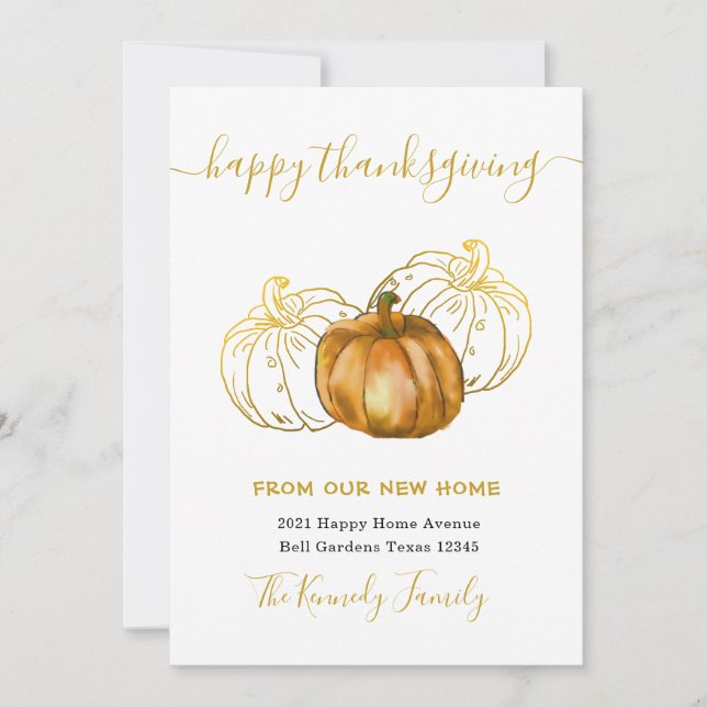 Carte Bon thanksgiving Gold Citrouille Nouvelle adresse  (Devant)