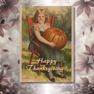 Carte Bon thanksgiving   Vintage fille avec Citrouille