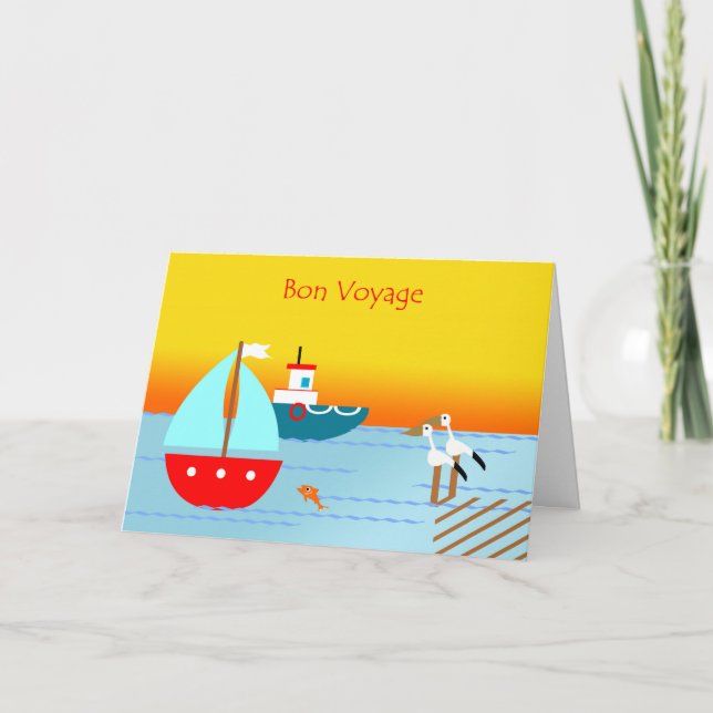 Carte Bon Voyage, Pélicans, Bateaux et Coucher de soleil (Devant)