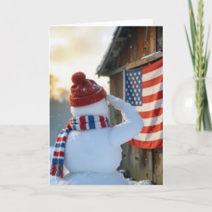 Carte Bonhomme de neige de Noël saluant un drapeau améri