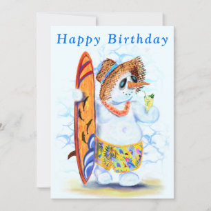 Carte Bonhomme de neige d'été drôle surfeur boit un cock