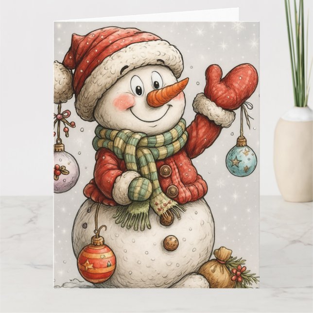 Carte Bonhomme de neige joyeux avec des boules de Noël (Devant)