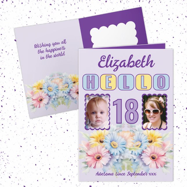 Carte Bonjour 18 anniversaire nom 2 photo floral violet (Créateur téléchargé)