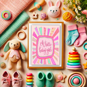 Carte Bonjour bébé fille mignonne rose moderne Whimsical