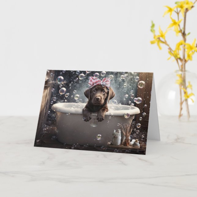 Carte Bonjour Bonjour Chocolat Cute Lab Puppy dans un ba (Fleur jaune)