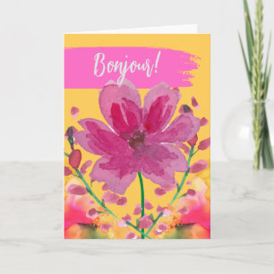 Carte Bonjour en Français Fleurs aquarelles