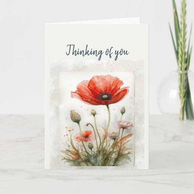 Carte Bonjour, Je pense à vous, Garden Poppy Flower Art (Devant)