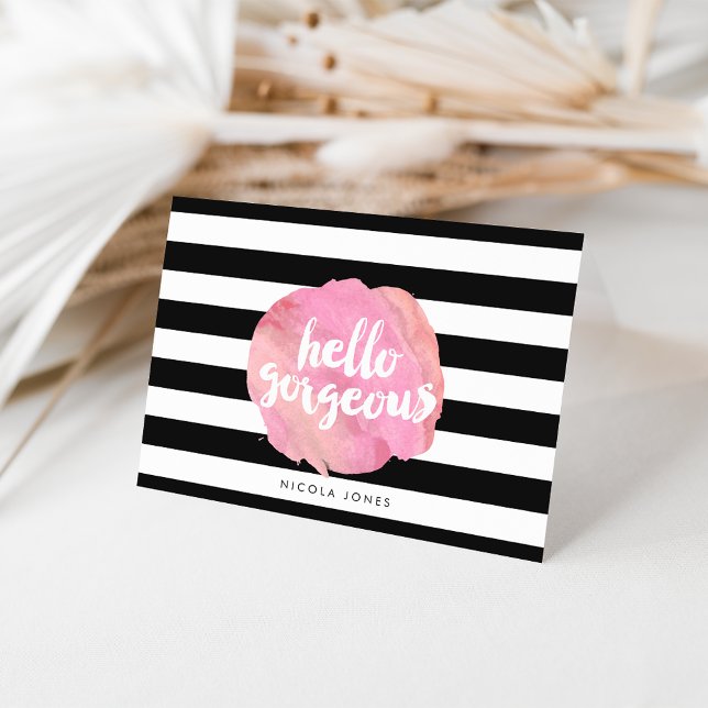 Carte Bonjour Magnifique Bande Noire & Aquarelle Rose (Créateur téléchargé)