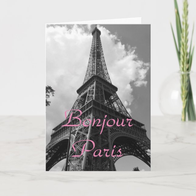 Carte Bonjour Paris Black White Eiffel Tower France (Devant)