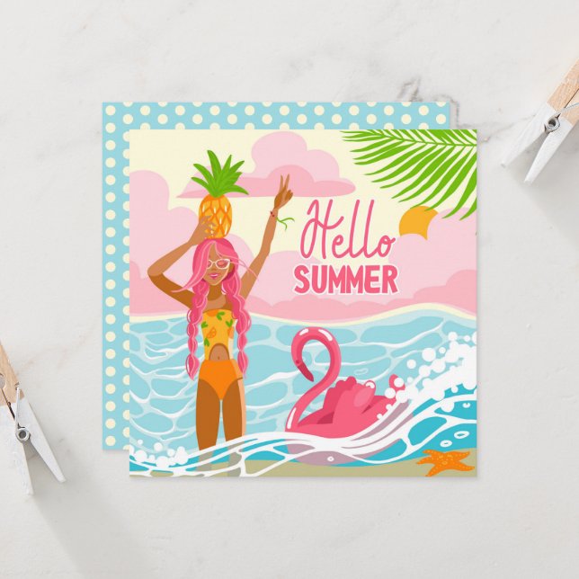 Carte Bonjour Summer Beach Girl Greeting Card (Devant/Arrière en situation)