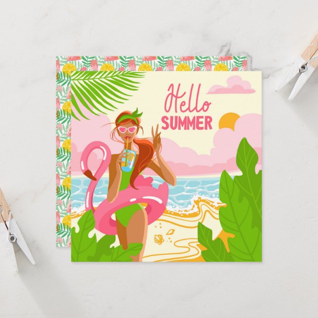 Carte Bonjour Summer Beach Girl Greeting Card (Devant/Arrière en situation)