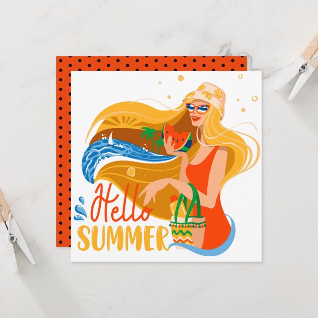 Carte Bonjour Summer Beach Girl Greeting Card (Devant/Arrière en situation)