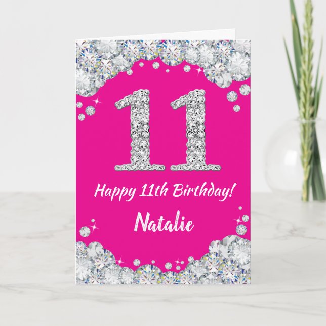 Carte Bonne 11e anniversaire Hot rose et Parties scintil (Devant)