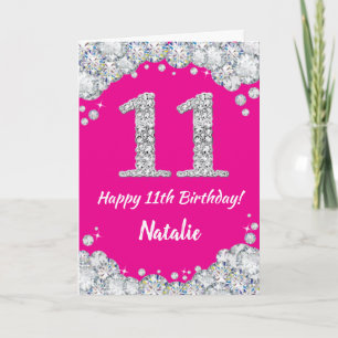 Carte Bonne 11e anniversaire Hot rose et Parties scintil