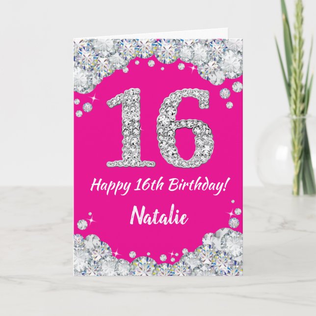 Carte Bonne 16e anniversaire Hot rose et Parties scintil (Devant)