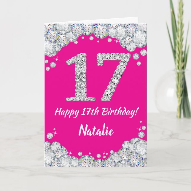 Carte Bonne 17e anniversaire Hot rose et Parties scintil (Devant)
