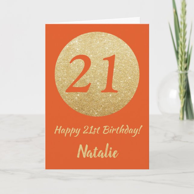 Carte Bonne 21e anniversaire Orange et Gold Parties scin (Devant)