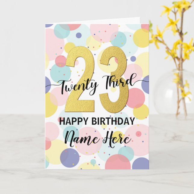 Carte Bonne 23ème anniversaire Pastel Rainbow Gold Woman (Fleur jaune)