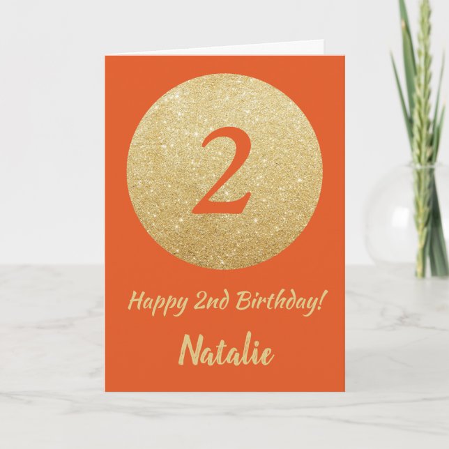 Carte Bonne 2e anniversaire Orange et Gold Parties scint (Devant)