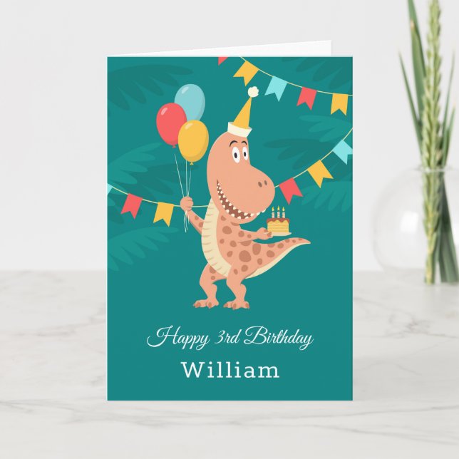Carte Bonne 3ème anniversaire Cake Balloon Cute Dinosaur (Devant)