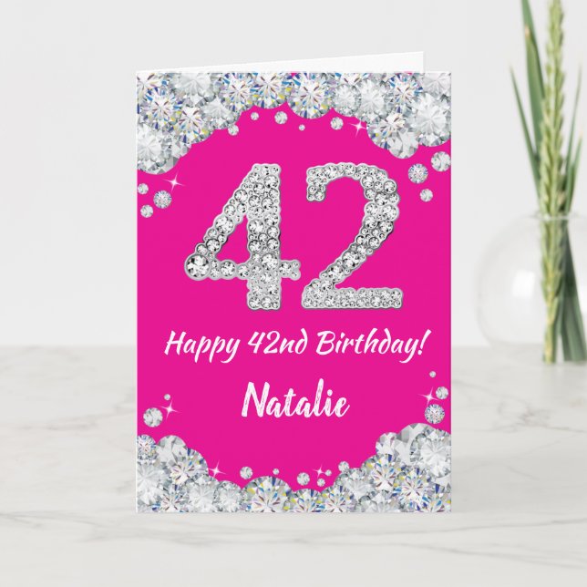 Carte Bonne 42e anniversaire Hot rose et Parties scintil (Devant)