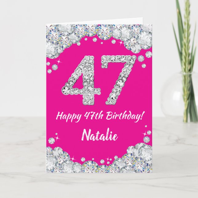Carte Bonne 47e anniversaire Hot rose et Parties scintil (Devant)