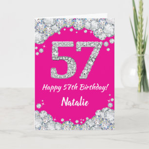 Carte Bonne 57e anniversaire Hot rose et Parties scintil