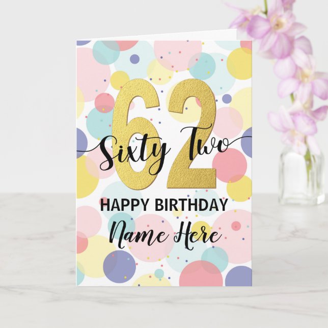 Carte Bonne 62e anniversaire Pastel Rainbow Gold Woman (Orchidée)