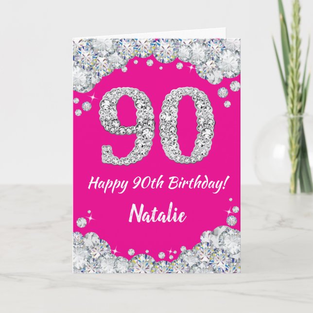 Carte Bonne 90e anniversaire Hot rose et Parties scintil (Devant)