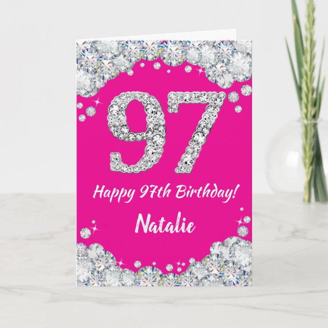 Carte Bonne 97e anniversaire Hot rose et Parties scintil (Devant)
