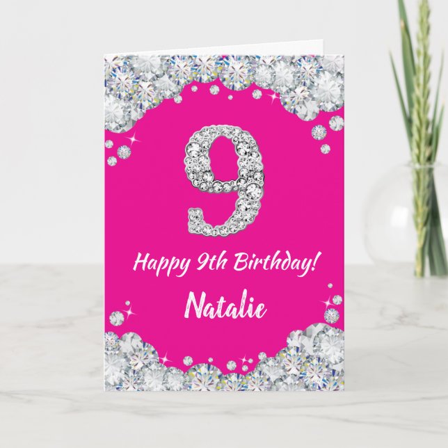 Carte Bonne 9e anniversaire Hot rose et Parties scintill (Devant)