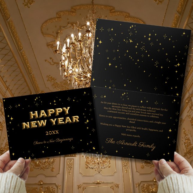Carte Bonne année Black & Gold Stars Élégant (Créateur téléchargé)