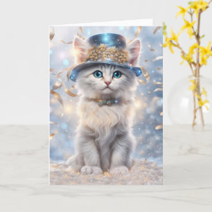 Carte Bonne année Chat dans Casquette de fête et Streame