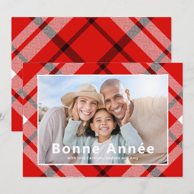 Carte Bonne Année French Elegant Red Plaid Photo (Devant / Derrière)