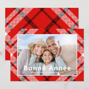 Carte Bonne Année French Elegant Red Plaid Photo