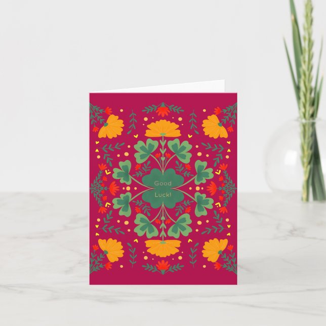 Carte Bonne chance fraises et fleurs magenta (Devant)