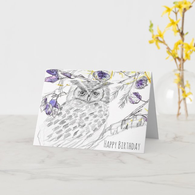 Carte Bonne Chouette D'Anniversaire Dans L'Arbre Meilleu (Fleur jaune)
