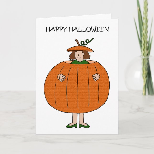 Carte Bonne dame d'Halloween en costume Citrouille (Devant)